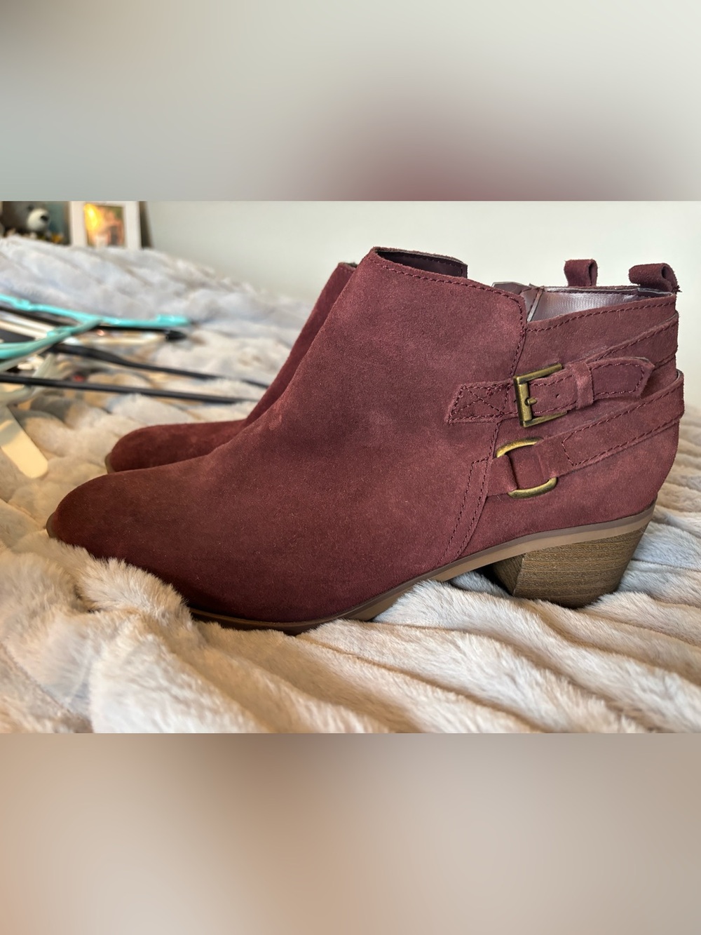 Kohl's Burgundy Suede Ankle Booties with Buckle Straps